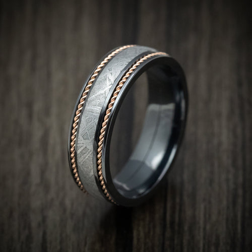 Northwind VII - Black Titanium or Black Zirconium Custom Men's Wedding Ring with Gibeon Meteorite and 14K Gold Braid Inlays - view 4 - Nura Lab