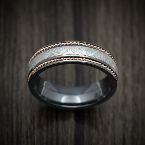 Northwind VII - Black Titanium or Black Zirconium Custom Men's Wedding Ring with Gibeon Meteorite and 14K Gold Braid Inlays - view 2 - Nura Lab