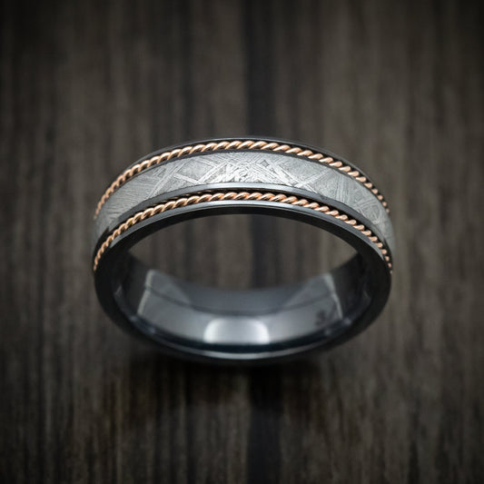 Northwind VII - Black Titanium or Black Zirconium Custom Men's Wedding Ring with Gibeon Meteorite and 14K Gold Braid Inlays - view 2 - Nura Lab