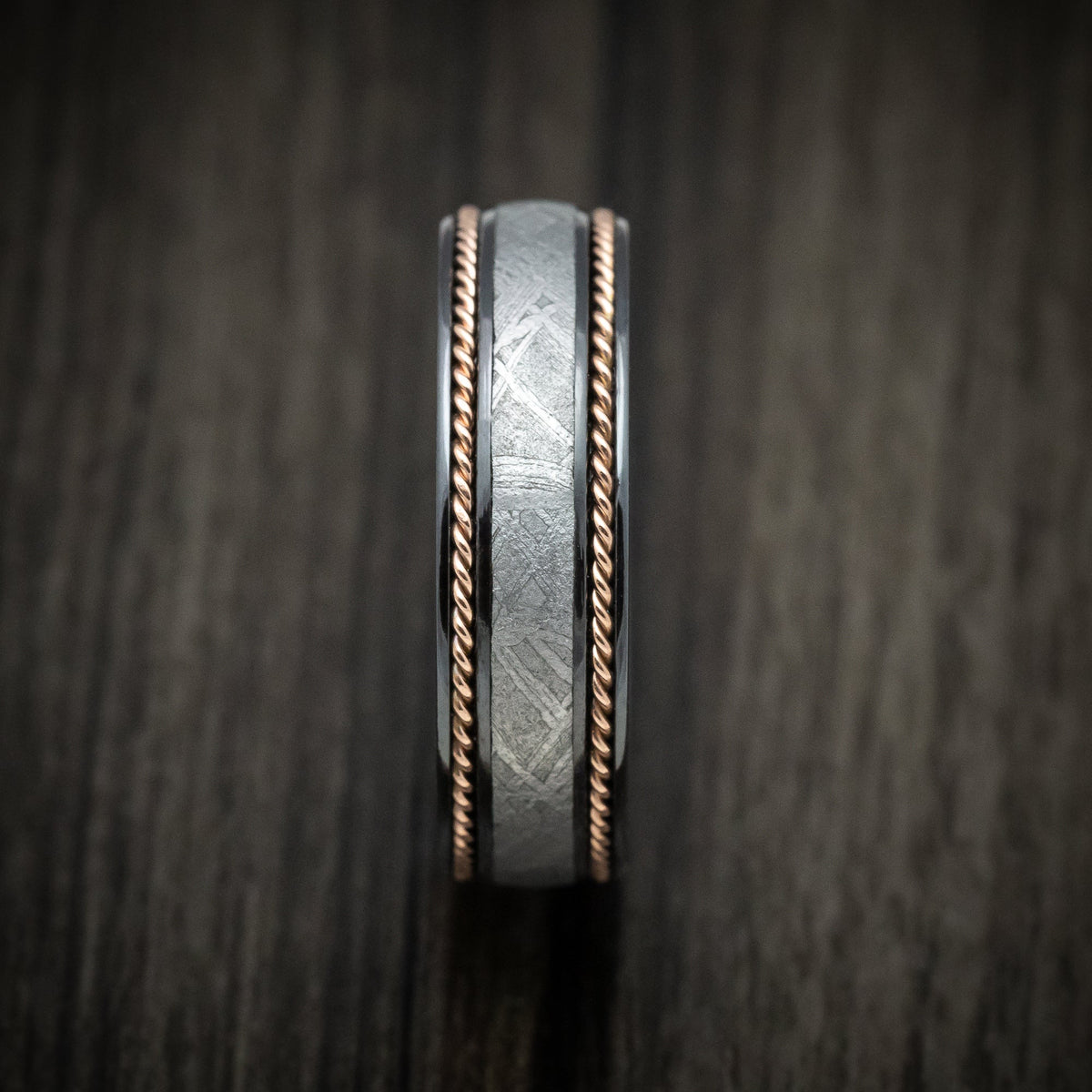 Northwind VII - Black Titanium or Black Zirconium Custom Men's Wedding Ring with Gibeon Meteorite and 14K Gold Braid Inlays - view 3 - Nura Lab
