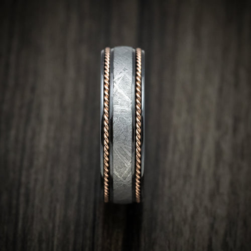 Northwind VII - Black Titanium or Black Zirconium Custom Men's Wedding Ring with Gibeon Meteorite and 14K Gold Braid Inlays - view 3 - Nura Lab