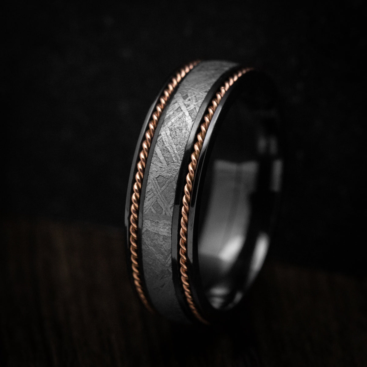 Northwind VII - Black Titanium or Black Zirconium Custom Men's Wedding Ring with Gibeon Meteorite and 14K Gold Braid Inlays - view 5 - Nura Lab
