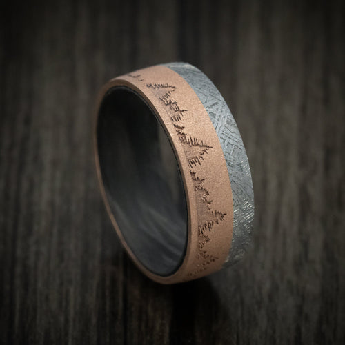 Vanguard XV - 14K Gold Men's Wedding Ring with Meteorite Inlay Forged Carbon Fiber Sleeve and Trees Design - Nura Lab