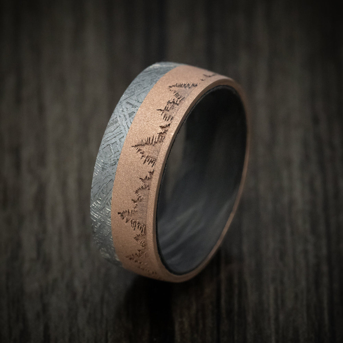 Vanguard XV - 14K Gold Men's Wedding Ring with Meteorite Inlay Forged Carbon Fiber Sleeve and Trees Design - view 4 - Nura Lab