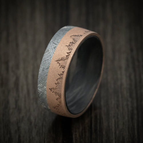 Vanguard XV - 14K Gold Men's Wedding Ring with Meteorite Inlay Forged Carbon Fiber Sleeve and Trees Design - view 4 - Nura Lab