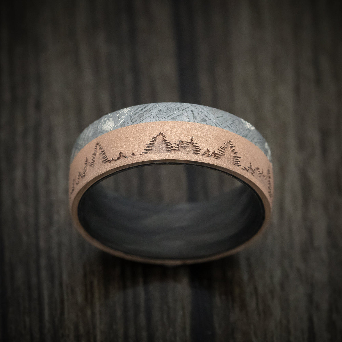 Vanguard XV - 14K Gold Men's Wedding Ring with Meteorite Inlay Forged Carbon Fiber Sleeve and Trees Design - view 2 - Nura Lab