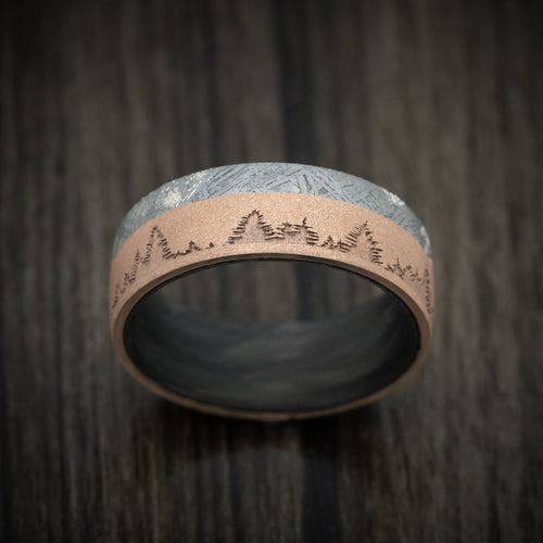 Vanguard XV - 14K Gold Men's Wedding Ring with Meteorite Inlay Forged Carbon Fiber Sleeve and Trees Design - view 2 - Nura Lab