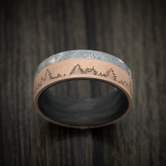 Vanguard XV - 14K Gold Men's Wedding Ring with Meteorite Inlay Forged Carbon Fiber Sleeve and Trees Design - view 2 - Nura Lab