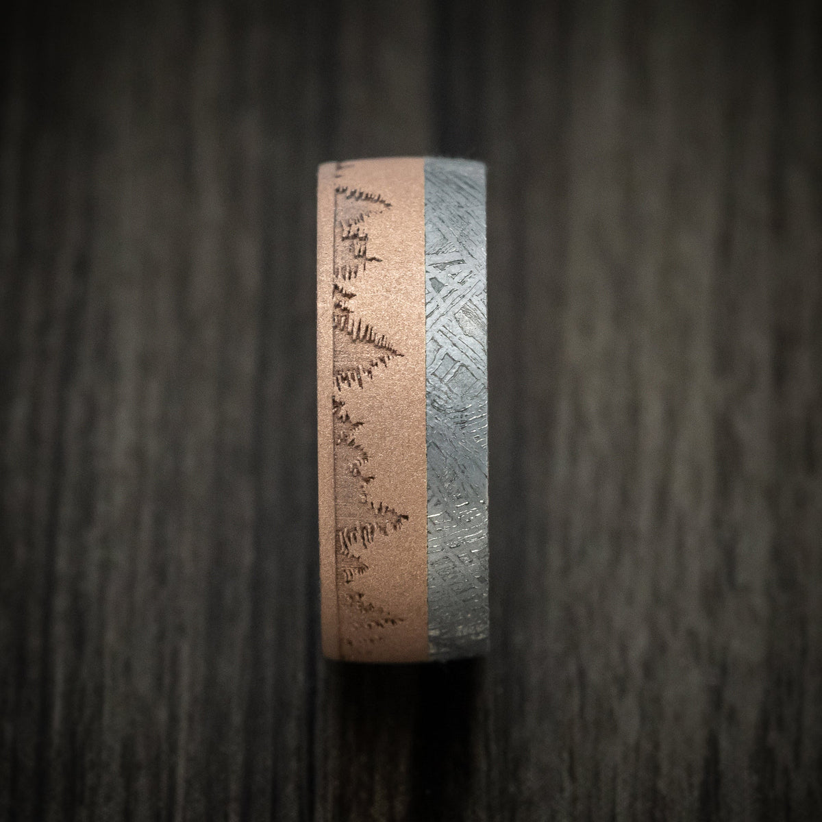 Vanguard XV - 14K Gold Men's Wedding Ring with Meteorite Inlay Forged Carbon Fiber Sleeve and Trees Design - view 3 - Nura Lab