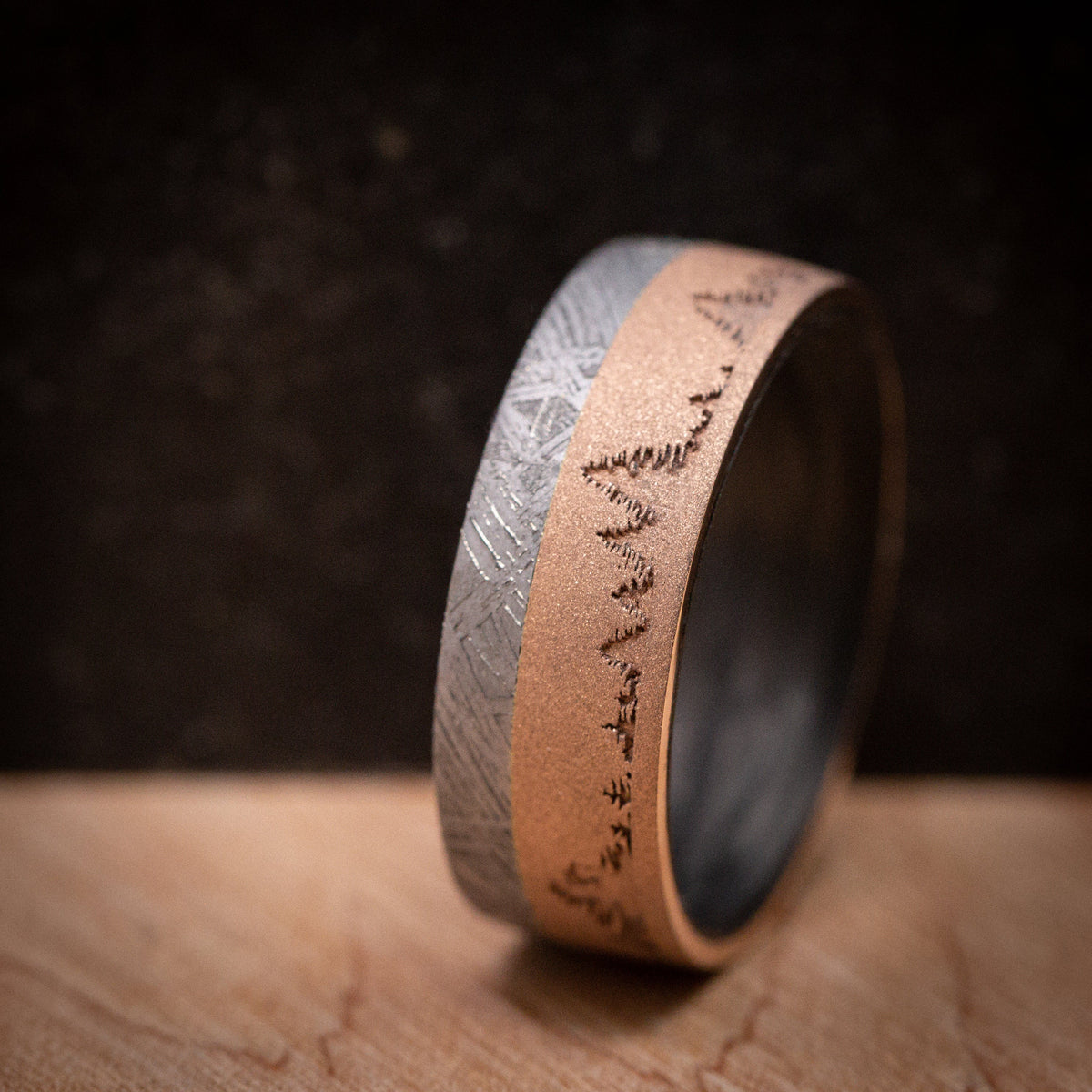 Vanguard XV - 14K Gold Men's Wedding Ring with Meteorite Inlay Forged Carbon Fiber Sleeve and Trees Design - view 5 - Nura Lab
