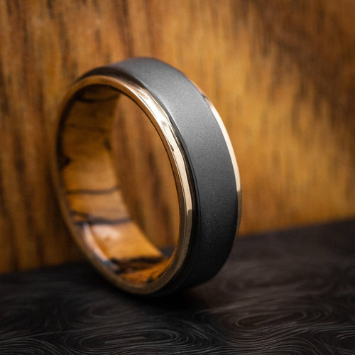 Phoenix XII - Black Zirconium Men's Wedding Ring with 14K Gold Edges and Wood Sleeve - view 5 - Nura Lab
