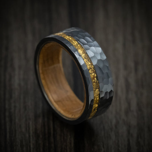 Fortress XII - Black Zirconium and 24K Raw Gold Nugget Men's Wedding Ring with Wood Sleeve Band - Nura Lab