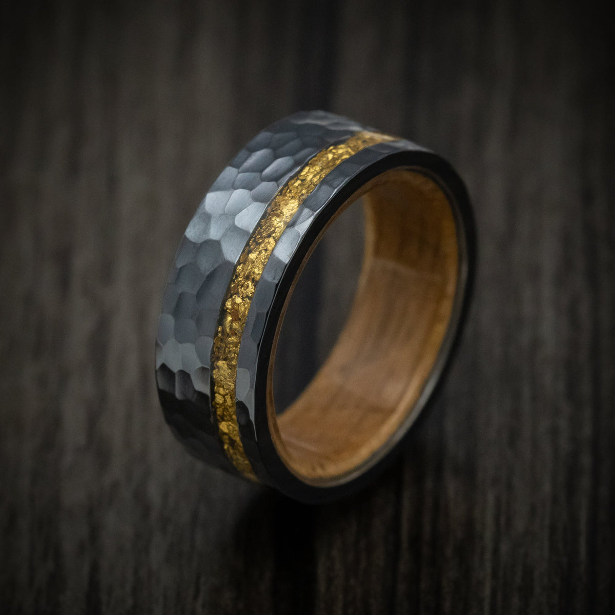 Fortress XII - Black Zirconium and 24K Raw Gold Nugget Men's Wedding Ring with Wood Sleeve Band - view 4 - Nura Lab