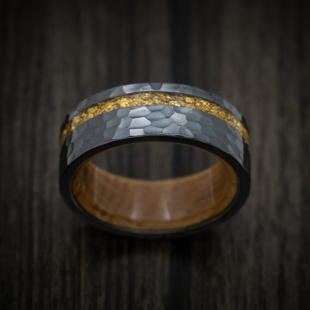 Fortress XII - Black Zirconium and 24K Raw Gold Nugget Men's Wedding Ring with Wood Sleeve Band - view 2 - Nura Lab