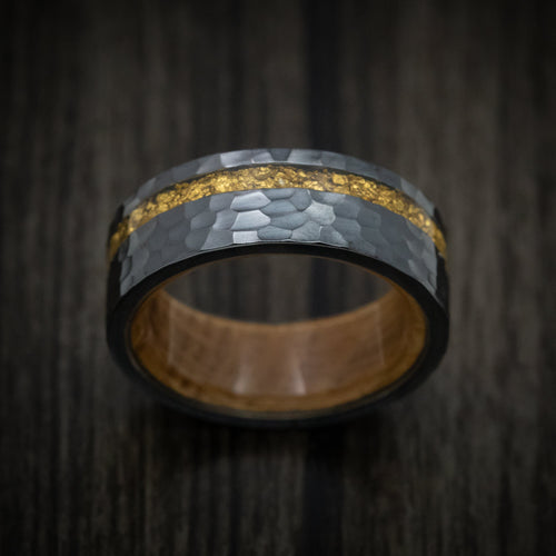 Fortress XII - Black Zirconium and 24K Raw Gold Nugget Men's Wedding Ring with Wood Sleeve Band - view 2 - Nura Lab