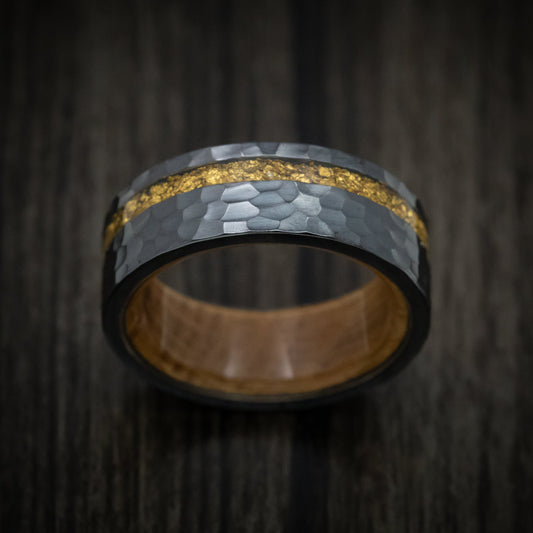 Fortress XII - Black Zirconium and 24K Raw Gold Nugget Men's Wedding Ring with Wood Sleeve Band - view 2 - Nura Lab