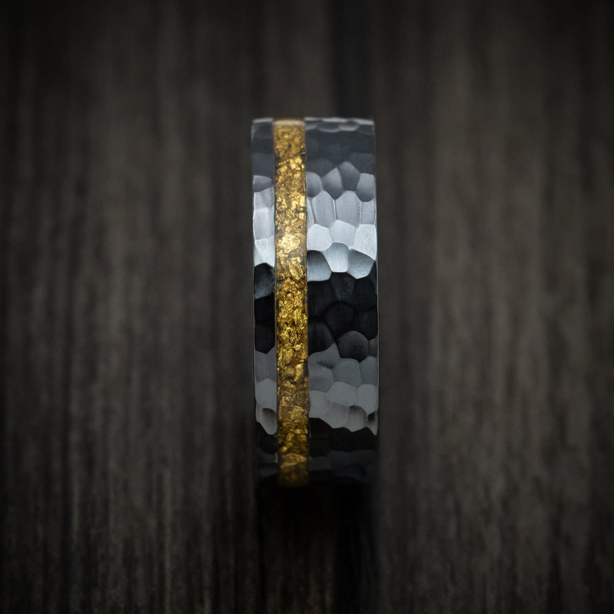 Fortress XII - Black Zirconium and 24K Raw Gold Nugget Men's Wedding Ring with Wood Sleeve Band - view 3 - Nura Lab