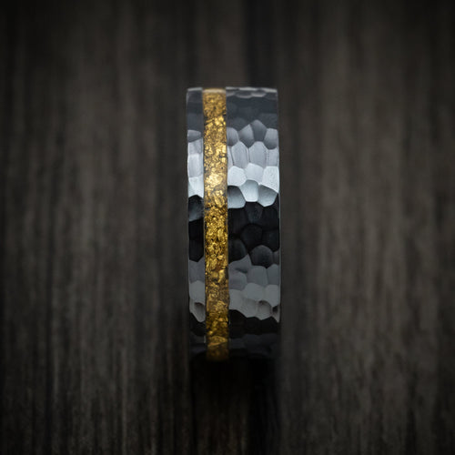 Fortress XII - Black Zirconium and 24K Raw Gold Nugget Men's Wedding Ring with Wood Sleeve Band - view 3 - Nura Lab