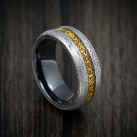 Aoraki XVII - Gibeon Meteorite and Black Zirconium Men's Wedding Ring with 24K Raw Gold Nugget Inlay Band - Nura Lab