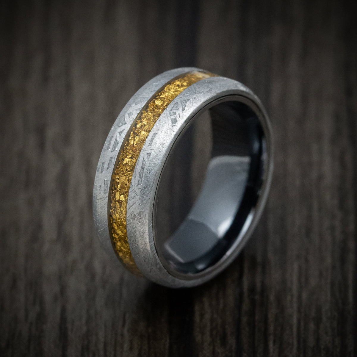 Aoraki XVII - Gibeon Meteorite and Black Zirconium Men's Wedding Ring with 24K Raw Gold Nugget Inlay Band - view 4 - Nura Lab