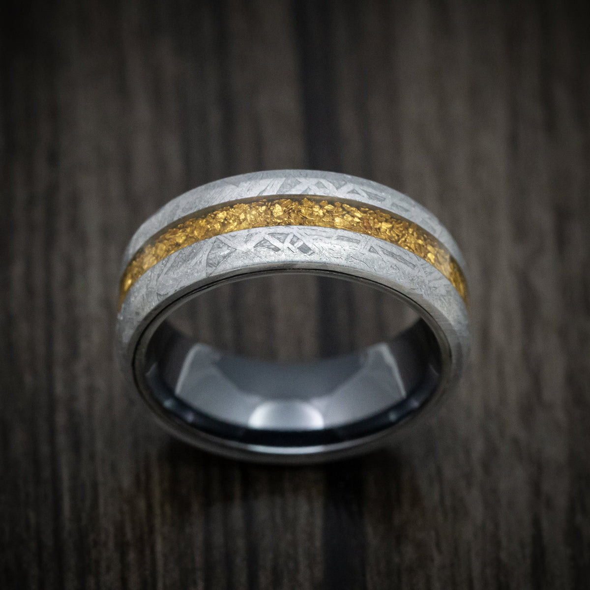 Aoraki XVII - Gibeon Meteorite and Black Zirconium Men's Wedding Ring with 24K Raw Gold Nugget Inlay Band - view 2 - Nura Lab