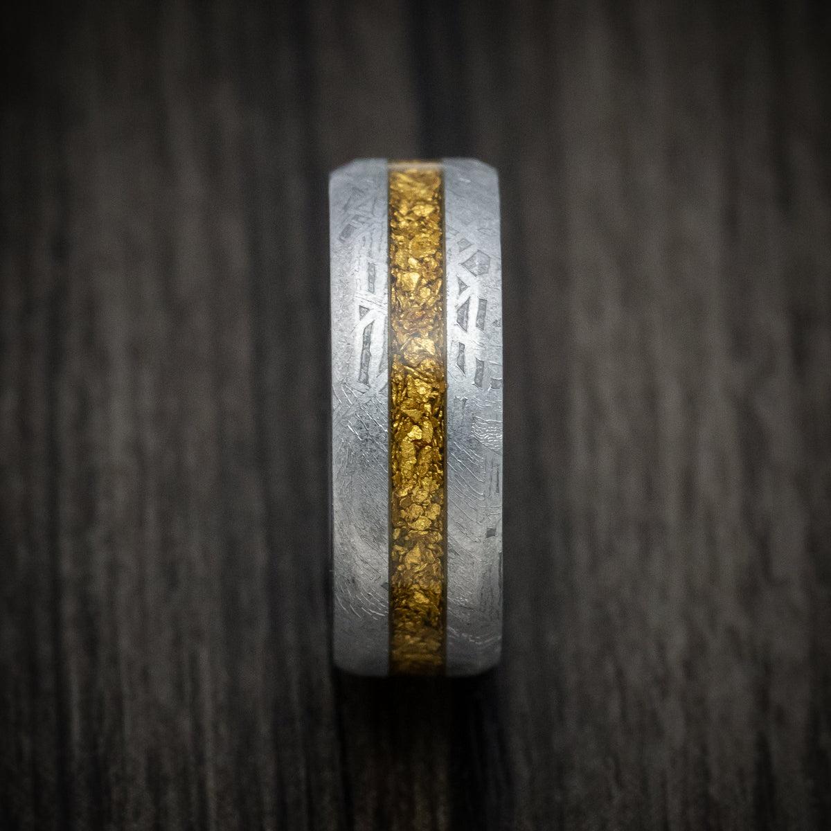 Aoraki XVII - Gibeon Meteorite and Black Zirconium Men's Wedding Ring with 24K Raw Gold Nugget Inlay Band - view 3 - Nura Lab