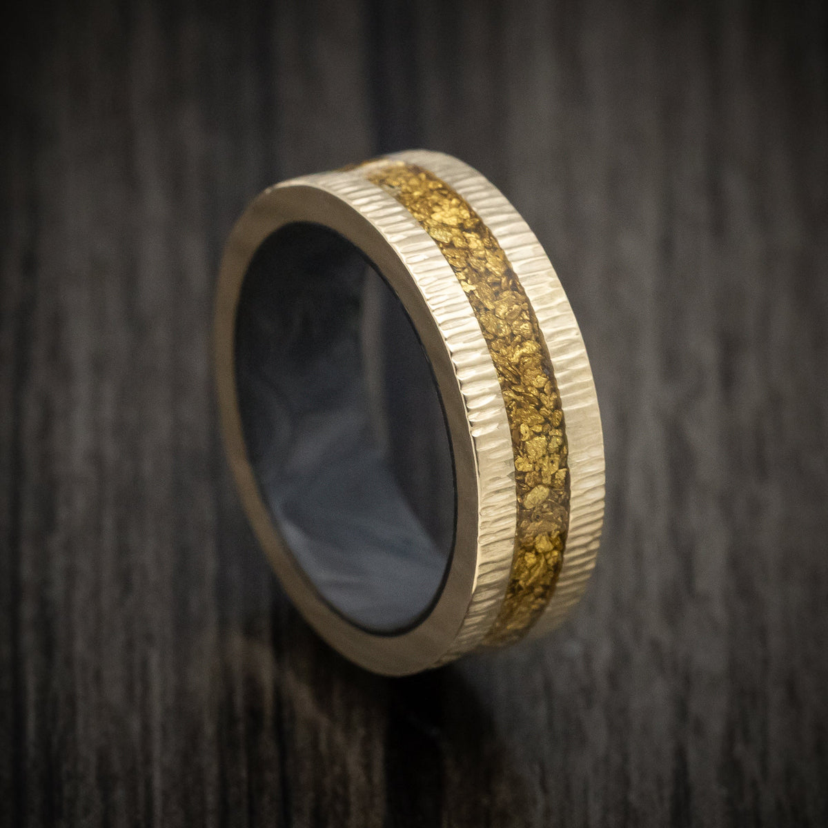 Valor XV - 10K Gold and 24K Raw Gold Nugget Men's Wedding Ring with Forged Carbon Fiber Sleeve Band - Nura Lab