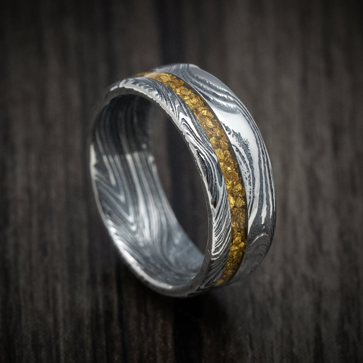 Duke X - Marble Kuro Damascus Steel and 24K Raw Gold Nugget Men's Wedding Ring Band - Nura Lab