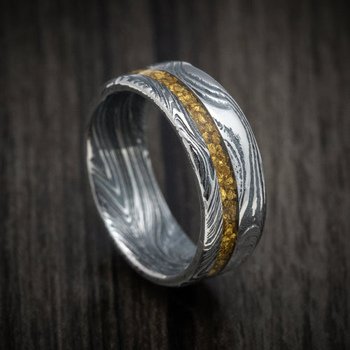 Duke X - Marble Kuro Damascus Steel and 24K Raw Gold Nugget Men's Wedding Ring Band - Nura Lab
