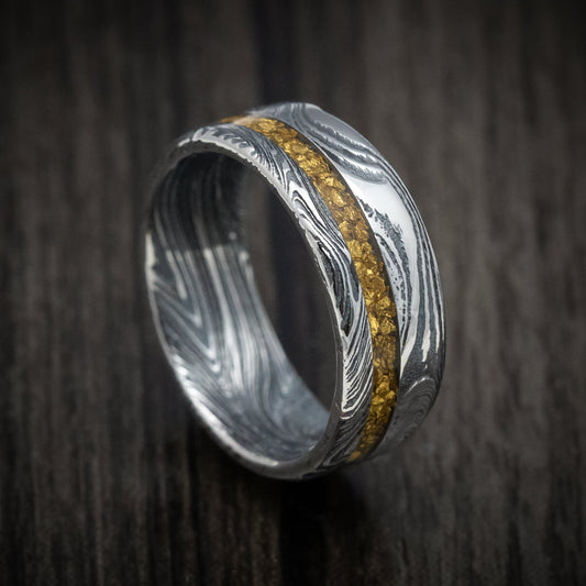 Duke X - Marble Kuro Damascus Steel and 24K Raw Gold Nugget Men's Wedding Ring Band - Nura Lab