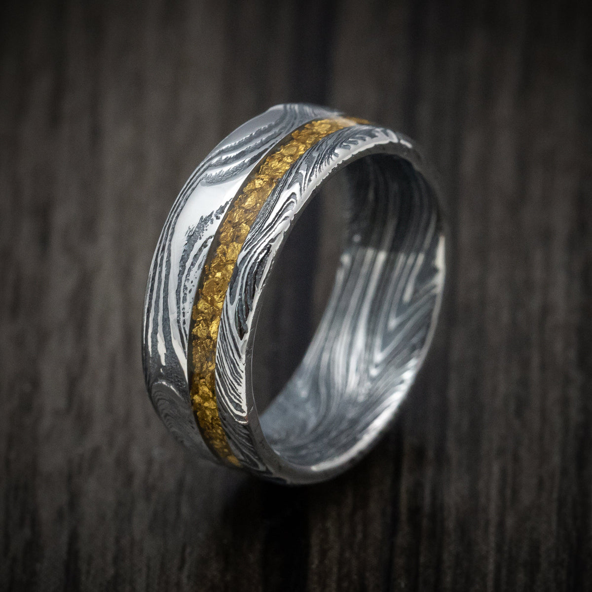 Duke X - Marble Kuro Damascus Steel and 24K Raw Gold Nugget Men's Wedding Ring Band - view 4 - Nura Lab