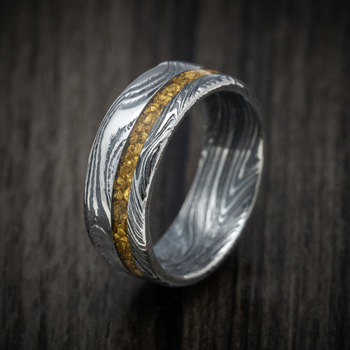 Duke X - Marble Kuro Damascus Steel and 24K Raw Gold Nugget Men's Wedding Ring Band - view 4 - Nura Lab