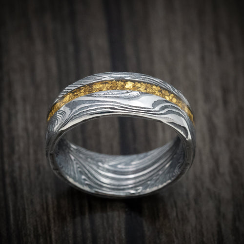 Duke X - Marble Kuro Damascus Steel and 24K Raw Gold Nugget Men's Wedding Ring Band - view 2 - Nura Lab