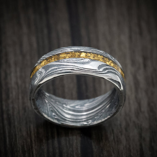Duke X - Marble Kuro Damascus Steel and 24K Raw Gold Nugget Men's Wedding Ring Band - view 2 - Nura Lab
