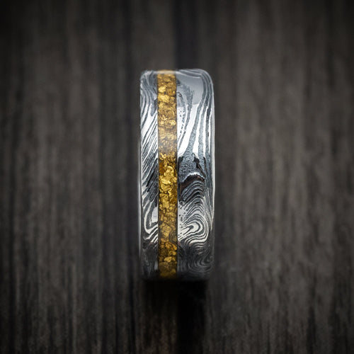 Duke X - Marble Kuro Damascus Steel and 24K Raw Gold Nugget Men's Wedding Ring Band - view 3 - Nura Lab