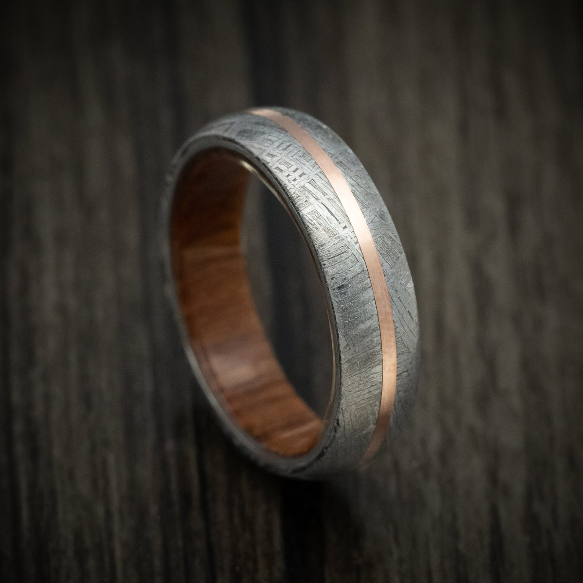 Albatross XII - Gibeon Meteorite Men's Wedding Ring with 14K Gold Inlay and Wood Sleeve - Nura Lab