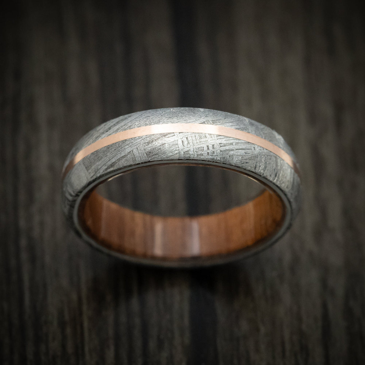 Albatross XII - Gibeon Meteorite Men's Wedding Ring with 14K Gold Inlay and Wood Sleeve - view 2 - Nura Lab