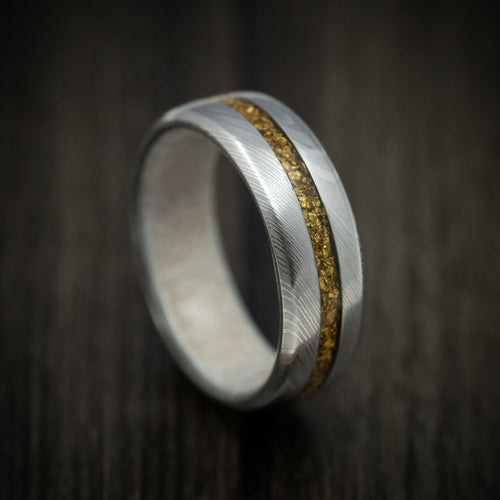 Kodiak XI - Damascus Steel Men's Wedding Ring with 24K Raw Gold Nugget and Antler Sleeve - Nura Lab