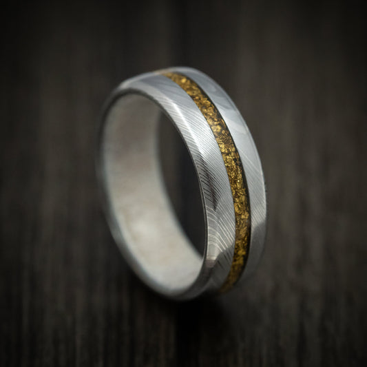 Kodiak XI - Damascus Steel Men's Wedding Ring with 24K Raw Gold Nugget and Antler Sleeve - Nura Lab