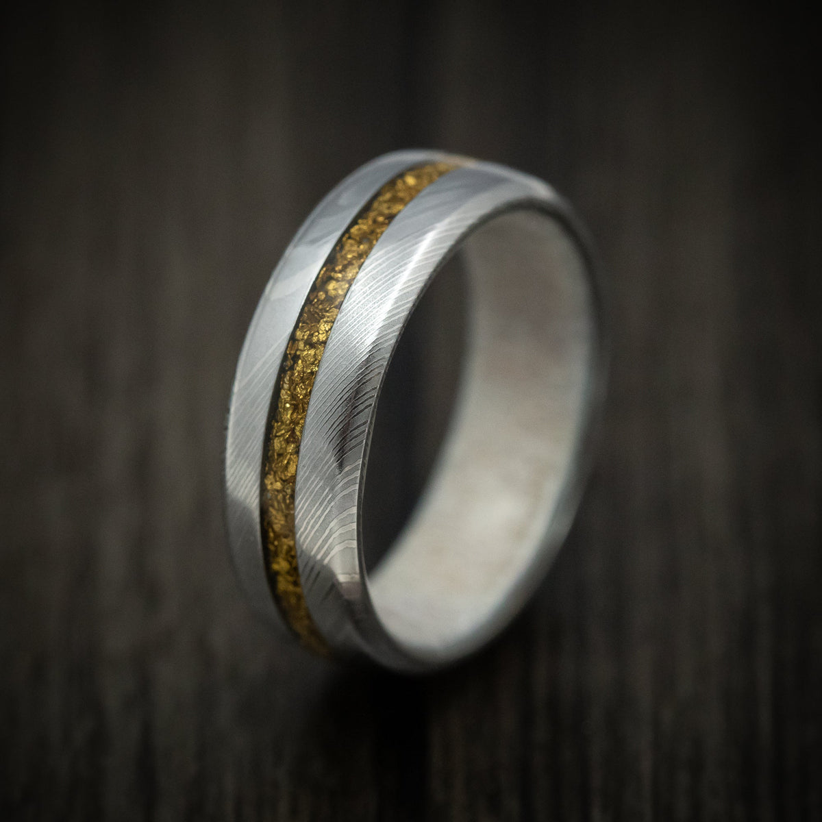 Kodiak XI - Damascus Steel Men's Wedding Ring with 24K Raw Gold Nugget and Antler Sleeve - view 4 - Nura Lab