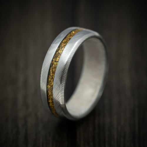 Kodiak XI - Damascus Steel Men's Wedding Ring with 24K Raw Gold Nugget and Antler Sleeve - view 4 - Nura Lab
