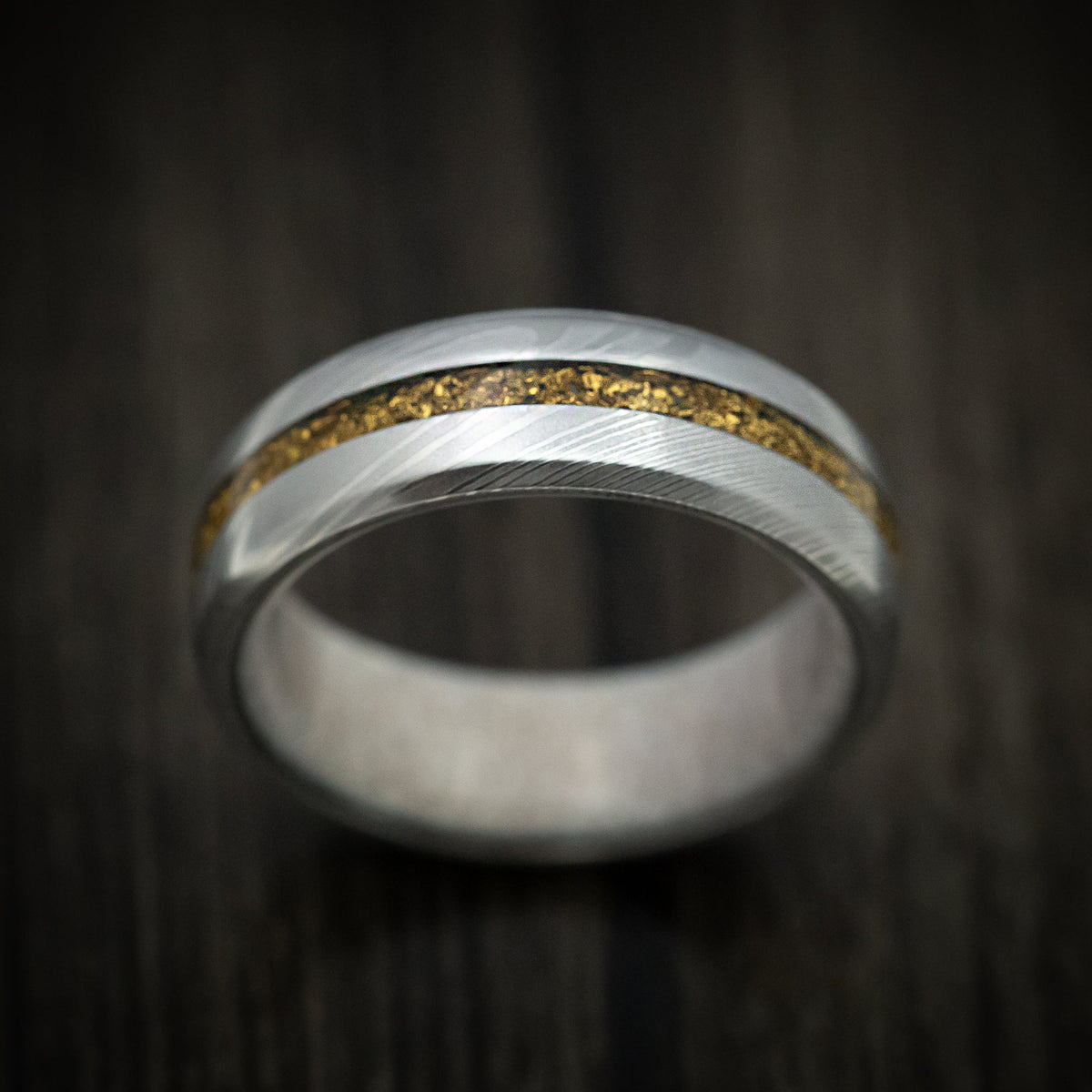 Kodiak XI - Damascus Steel Men's Wedding Ring with 24K Raw Gold Nugget and Antler Sleeve - view 2 - Nura Lab