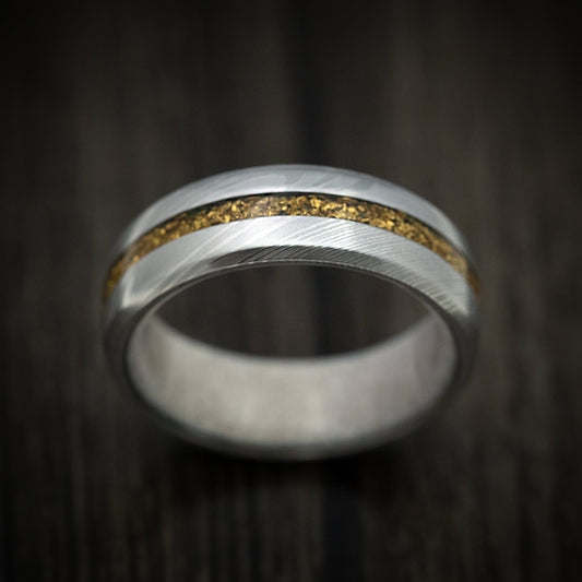 Kodiak XI - Damascus Steel Men's Wedding Ring with 24K Raw Gold Nugget and Antler Sleeve - view 2 - Nura Lab
