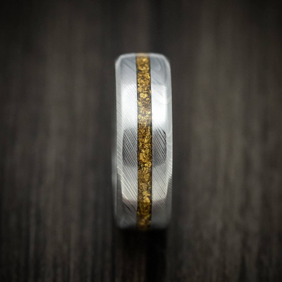 Kodiak XI - Damascus Steel Men's Wedding Ring with 24K Raw Gold Nugget and Antler Sleeve - view 3 - Nura Lab