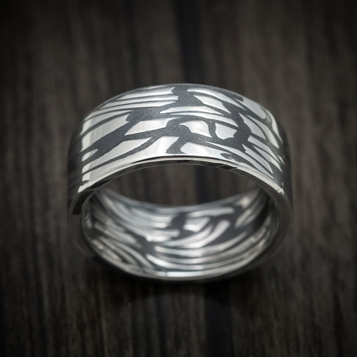 Obsidian XII - Scale Kuro Damascus Steel Men's Wedding Ring Band - view 2 - Nura Lab