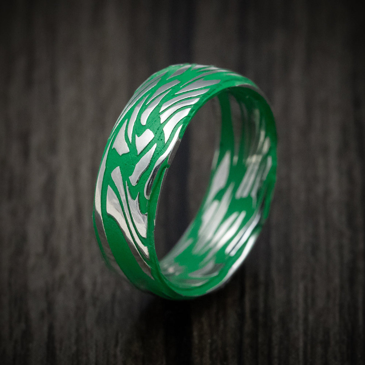 Noble XI - Scale Kuro Damascus Steel Men's Wedding Ring with Cerakote Grooves Band - view 4 - Nura Lab