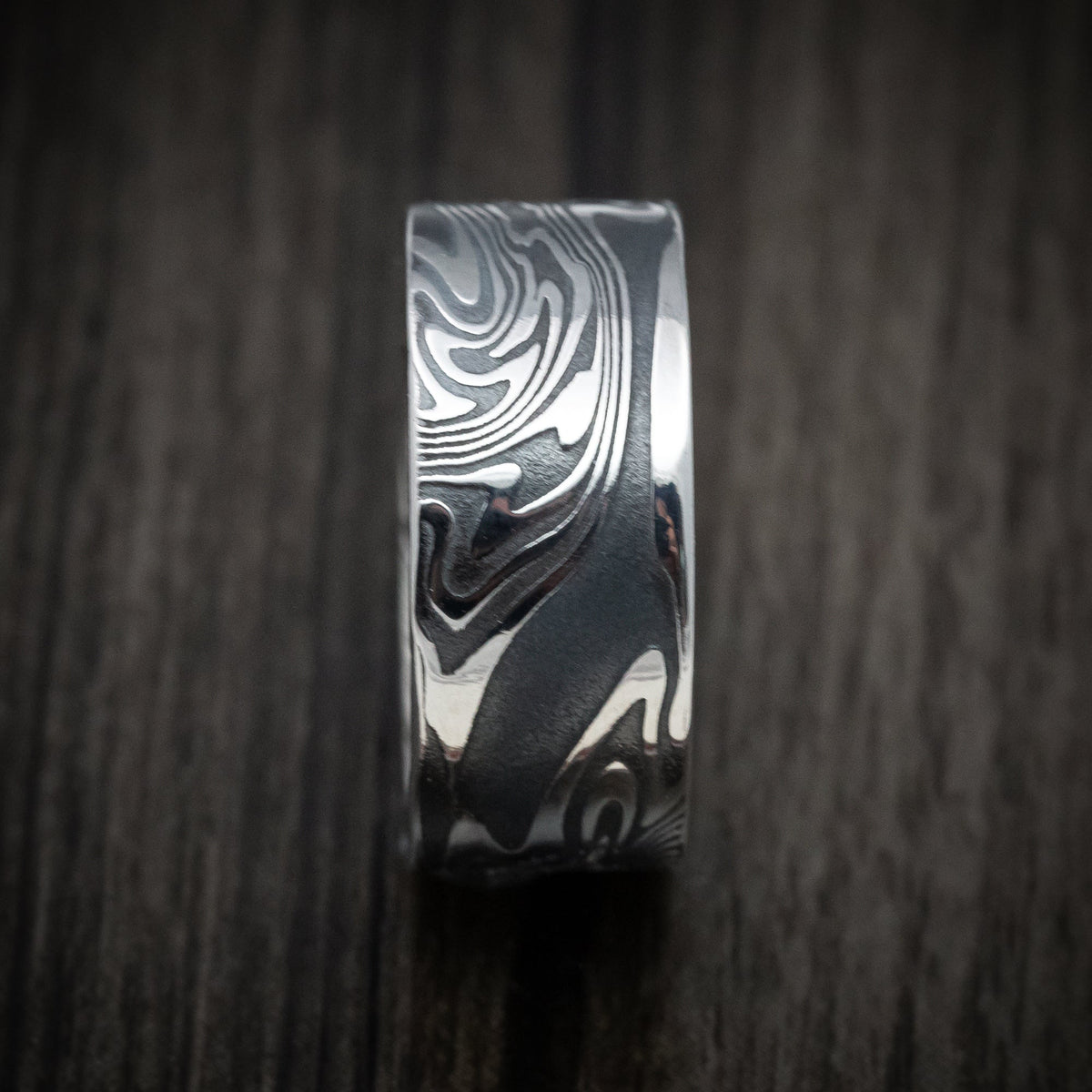 Crest XI - Kinetic Kuro Damascus Steel Men's Wedding Ring Band - view 3 - Nura Lab