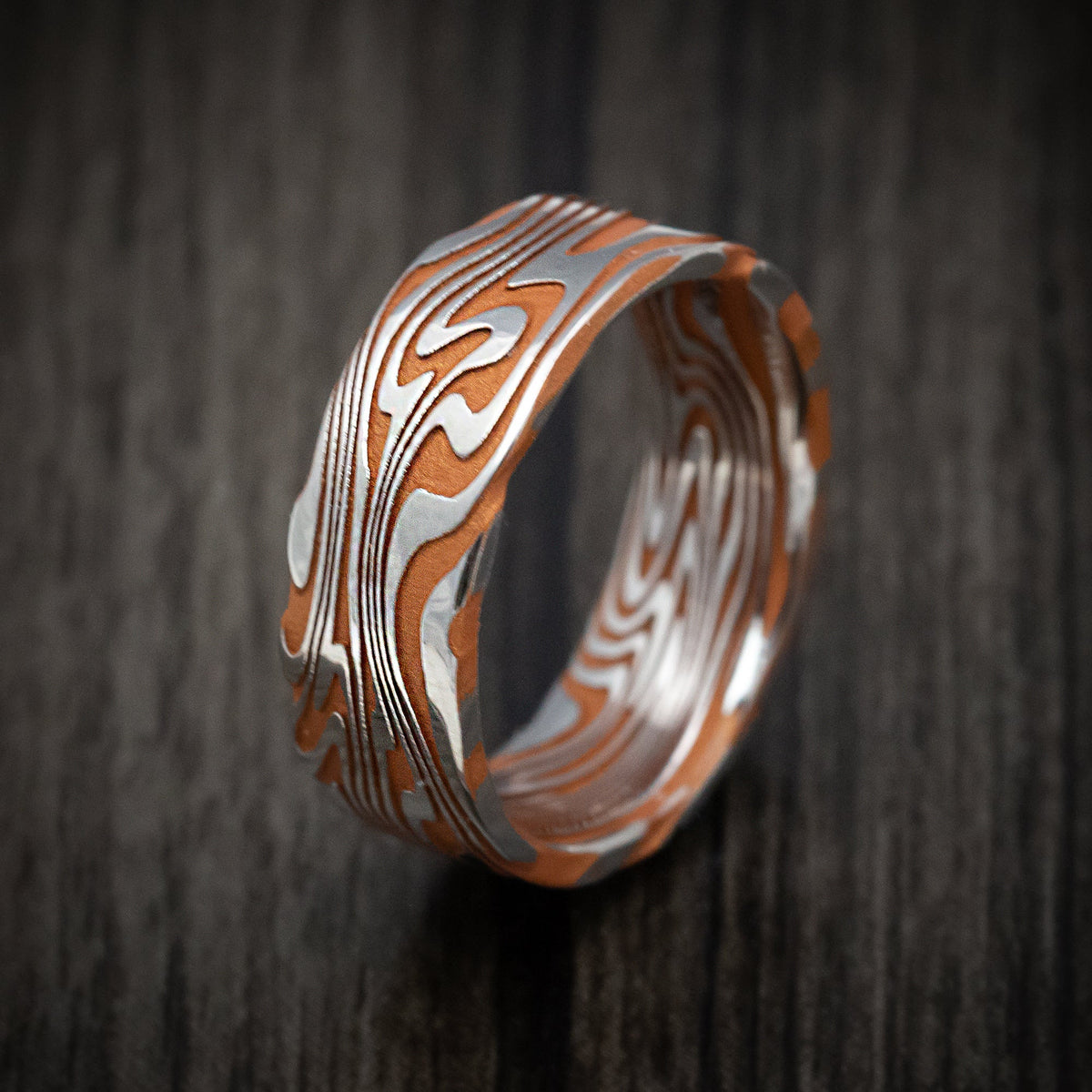 Ember XI - Kinetic Kuro Damascus Steel Men's Wedding Ring with Cerakote Grooves Band - view 4 - Nura Lab