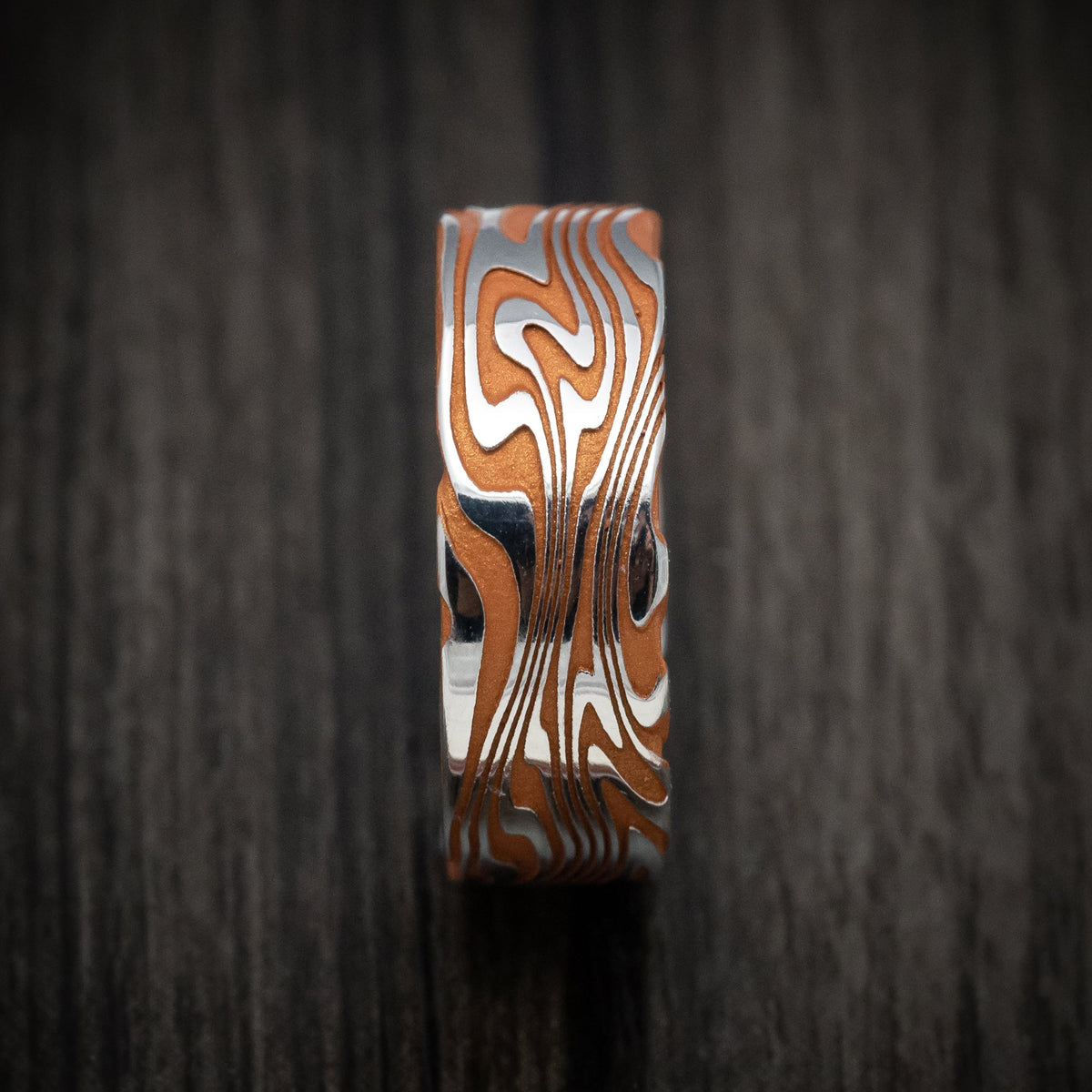 Ember XI - Kinetic Kuro Damascus Steel Men's Wedding Ring with Cerakote Grooves Band - view 3 - Nura Lab