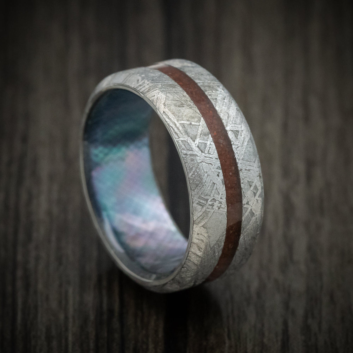 Steel XVI - Gibeon Meteorite Wedding Ring with Dinosaur Bone Inlay and Abalone Shell Sleeve - Nura Lab